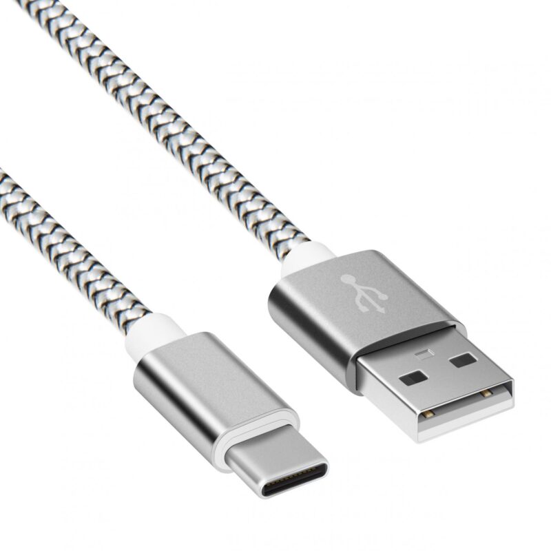USB C kabel – USB A naar C – Nylon gevlochten mantel – Zilver – 2 meter – Allteq