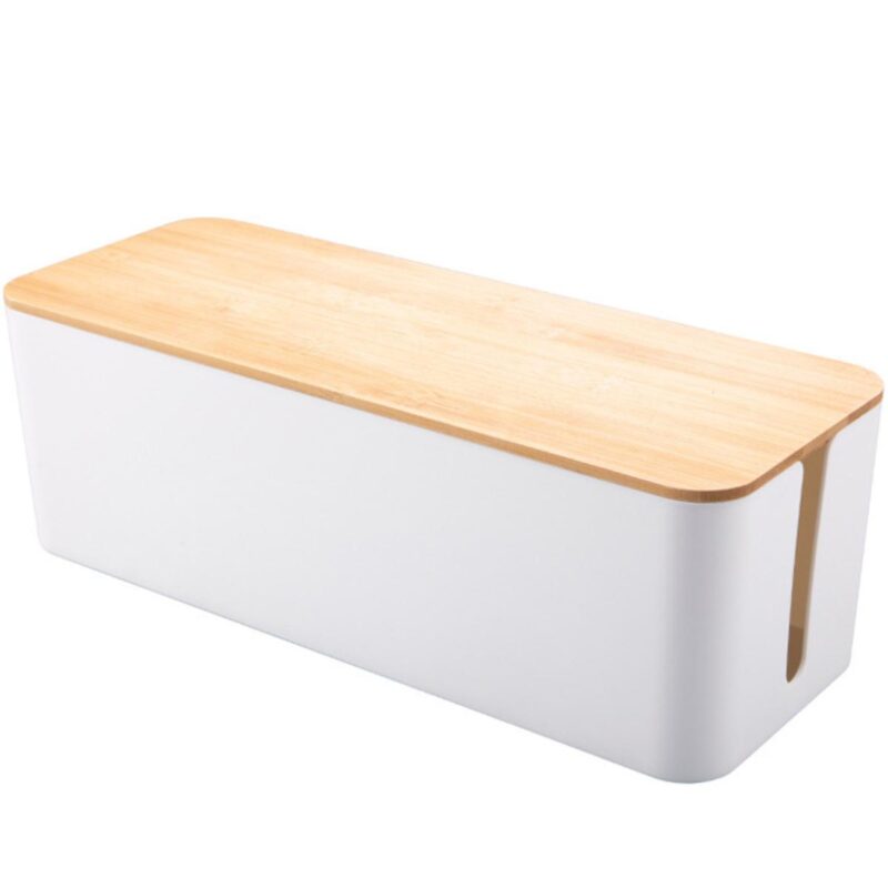 Kabelbox met houten deksel – Kabeldoos – Opbergbox stekkerdoos – Kabelbox voor snoeren wegwerken – Wit – 40,5 cm – Allteq