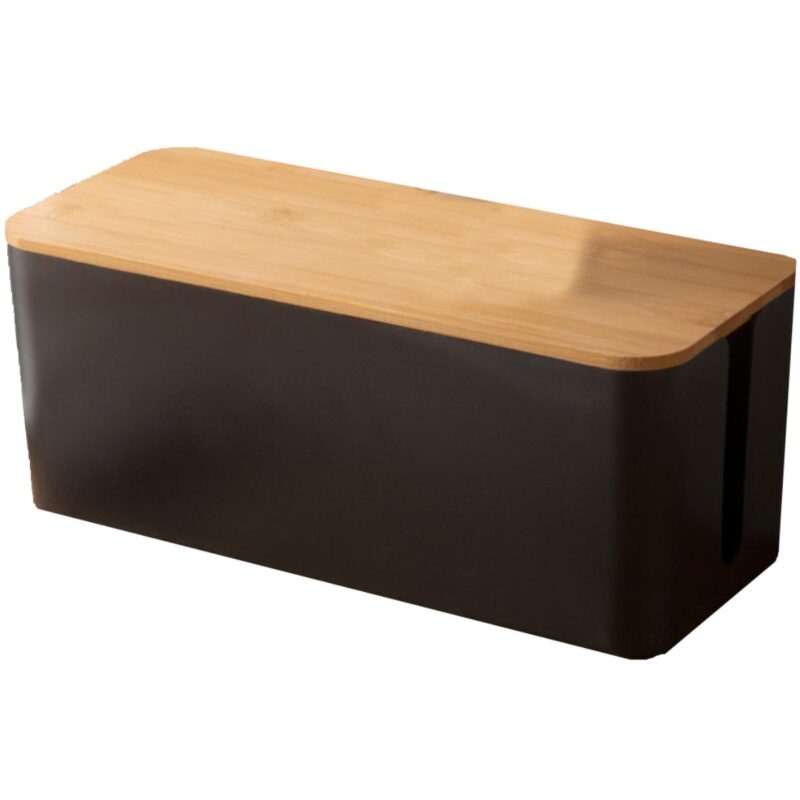 Kabelbox met houten deksel | Kabeldoos | Opbergbox stekkerdoos | Kabelbox voor snoeren wegwerken | Zwart | 40,5 cm | Allteq
