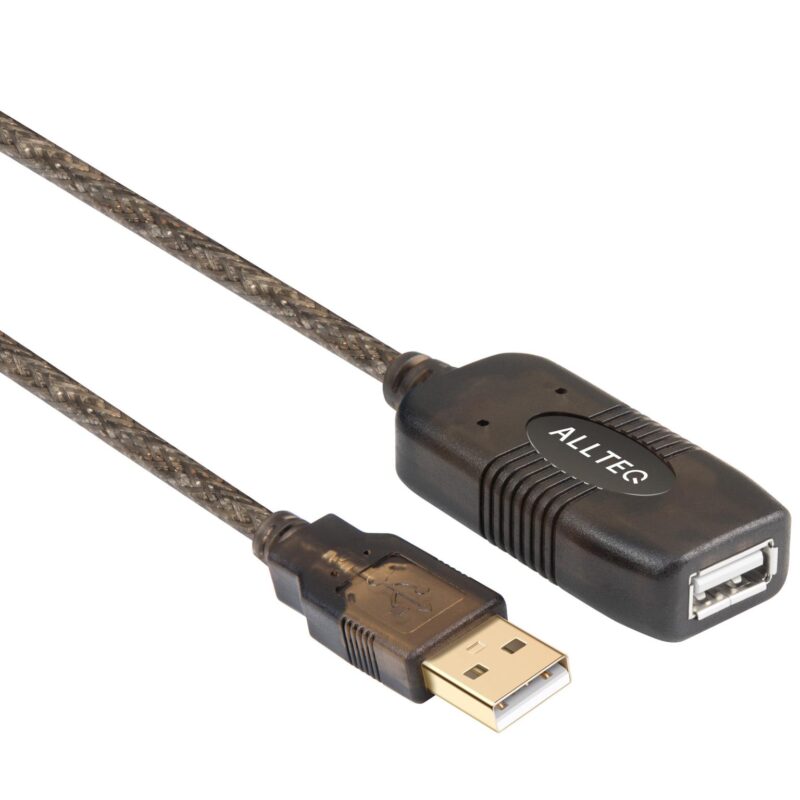 USB verlengkabel – Met versterker – 10 meter – 480 Mb/s – Verguld – Zwart