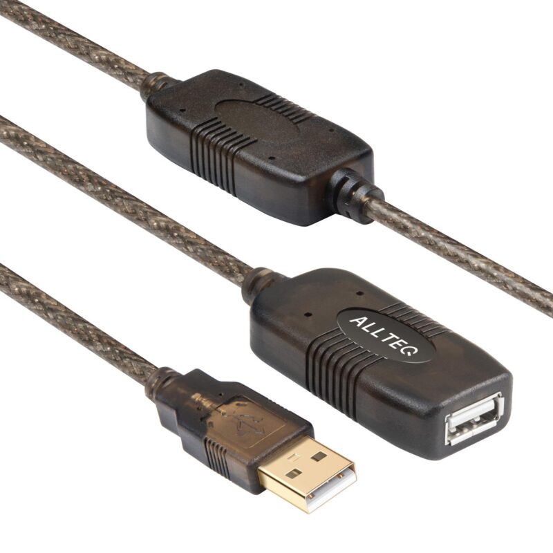 USB verlengkabel – Met versterker – 15 meter – 480 Mb/s – Verguld – Zwart