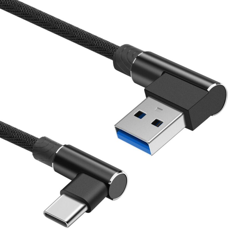 USB C kabel – USB C naar USB A – Nylon mantel – Haaks – 5 GB/s – Zwart – 5A – 2 meter – Allteq