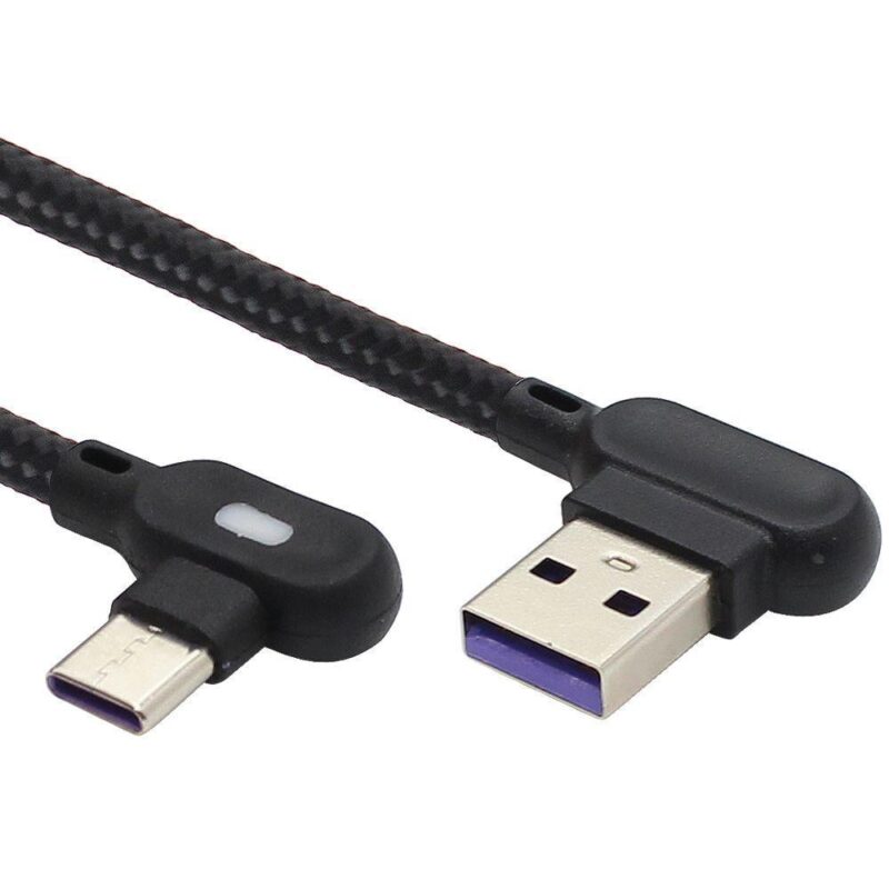 USB C kabel – USB C naar USB A – Nylon mantel – Haaks – 5 GB/s – Zwart – 5A – 1 meter – Allteq