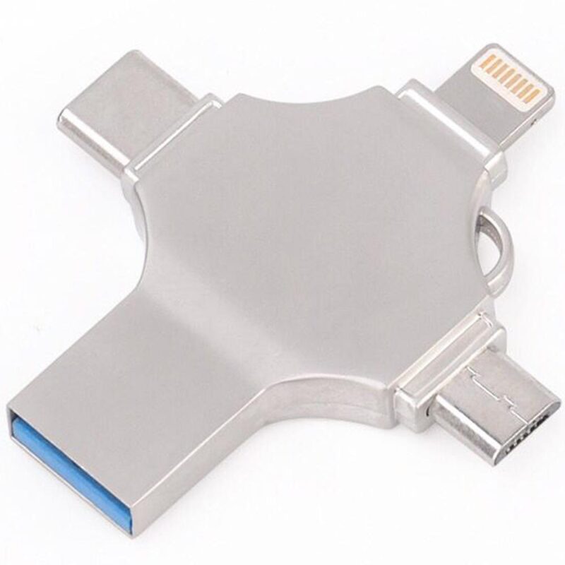 USB stick – 3.0 – 64GB – USB A – USB C – Micro USB – Lightning – Zilver – Allteq