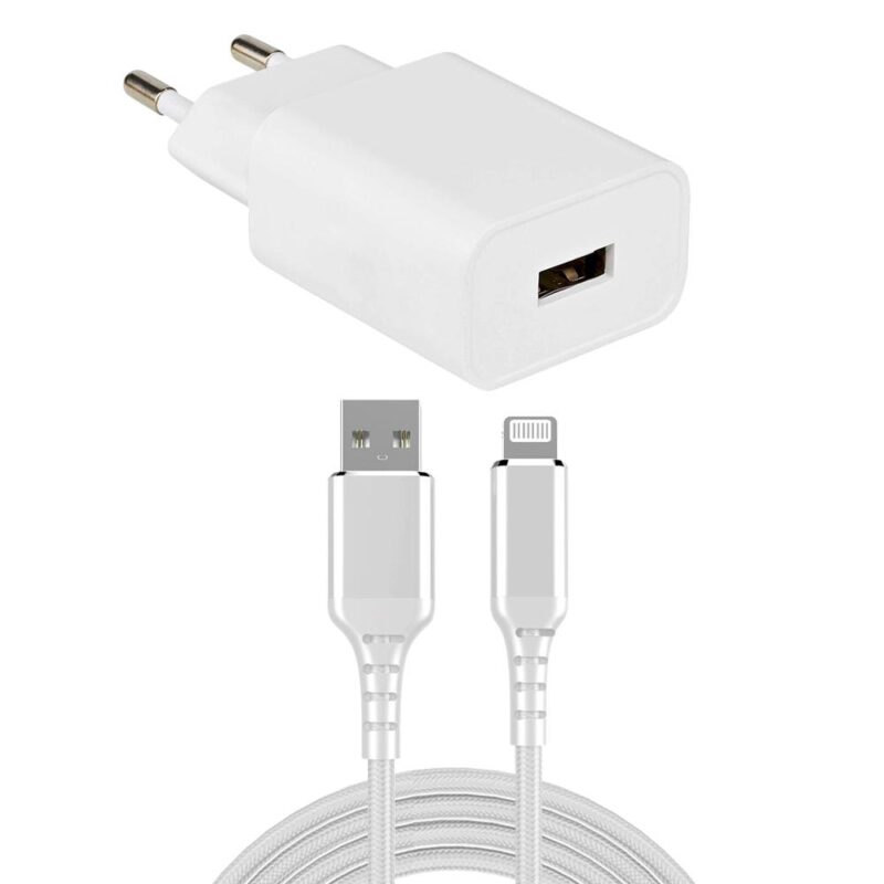 USB lader + Lightning kabel – USB A naar Lightning – 2.0 – Nylon mantel – Wit – 2 meter – Allteq