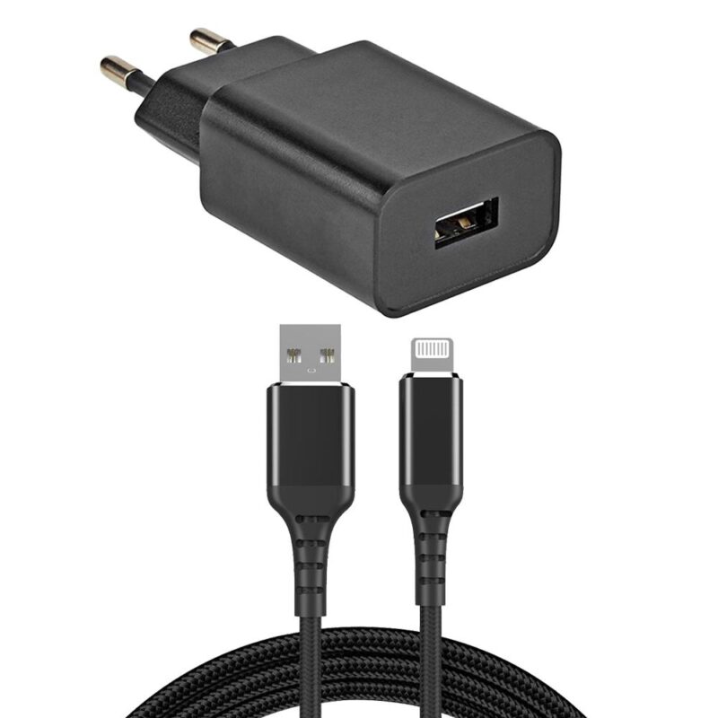 USB lader + Lightning kabel – USB A naar Lightning – 2.0 – Nylon mantel – Zwart – 1 meter – Allteq