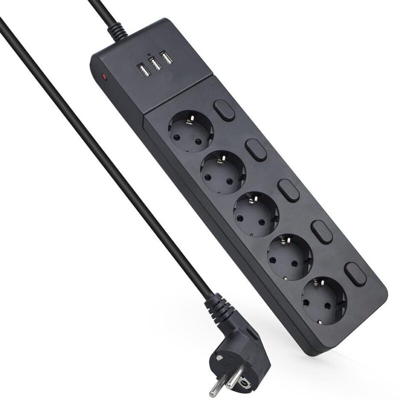 Stekkerdoos – 5-voudig – 3x USB A – Schakelaar – 2 meter aansluitsnoer – Overspanningsbeveiliging – Zwart – Allteq