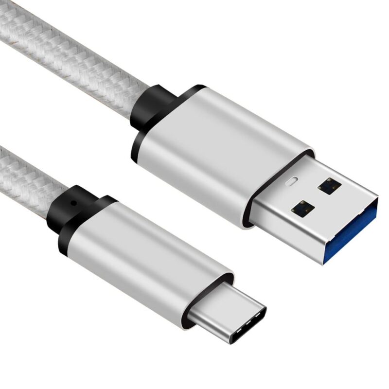 USB C kabel – C naar A – Nylon mantel – Zilver – 1 meter – Allteq