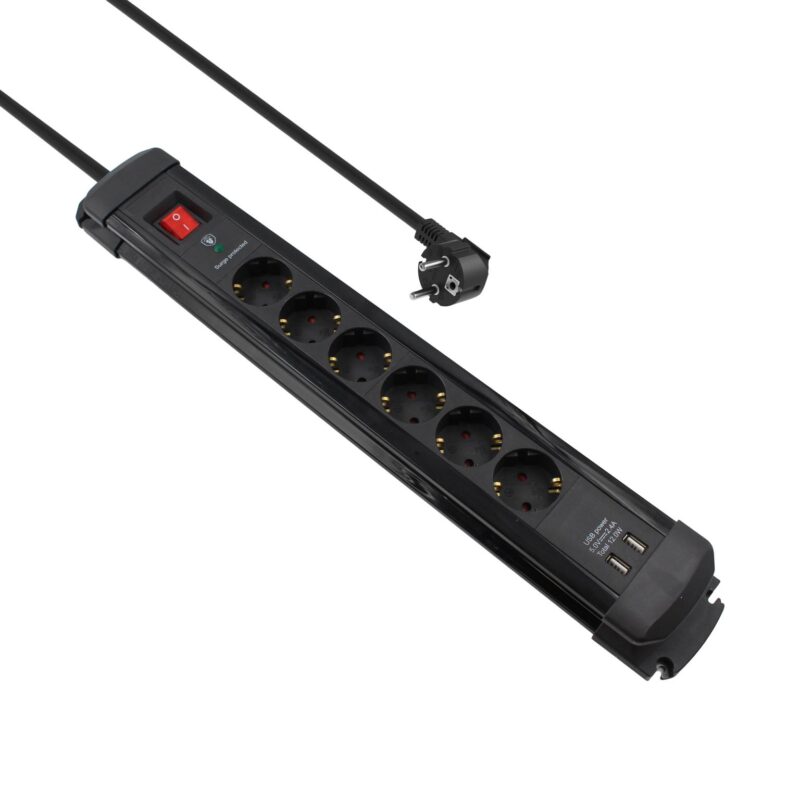 Stekkerdoos – 6 voudig – 2x USB – Aan/uit schakelaar – 2 meter – Zwart – Allteq