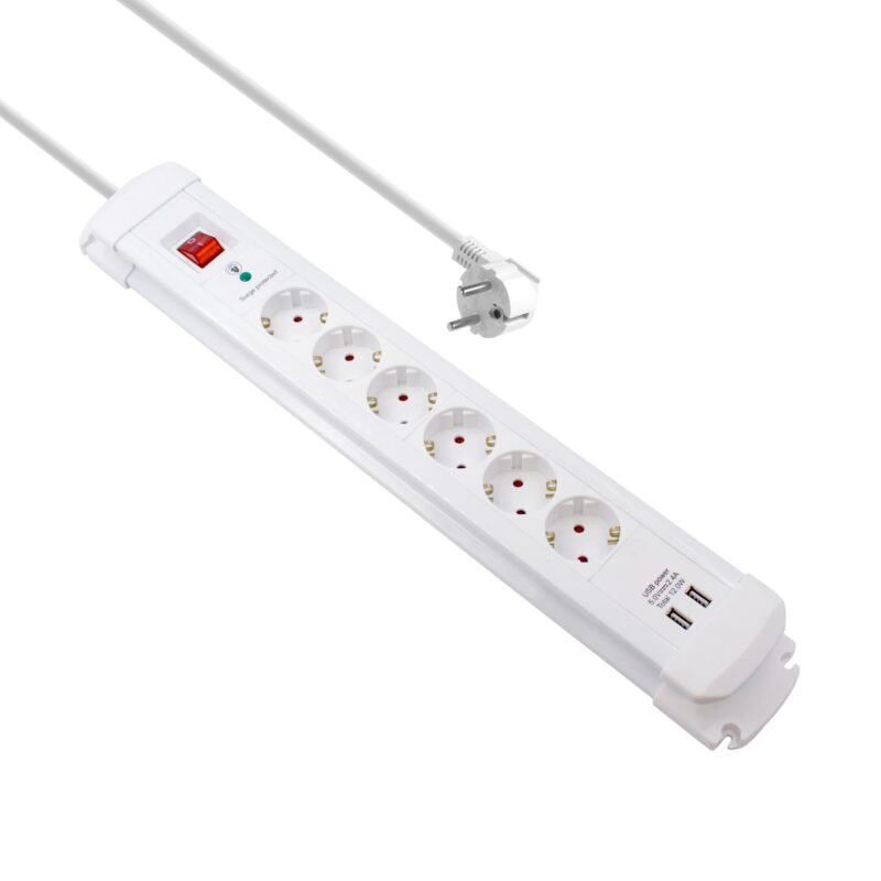 Stekkerdoos – 6 voudig – 2x USB – Aan/uit schakelaar – 2 meter – Wit – Allteq