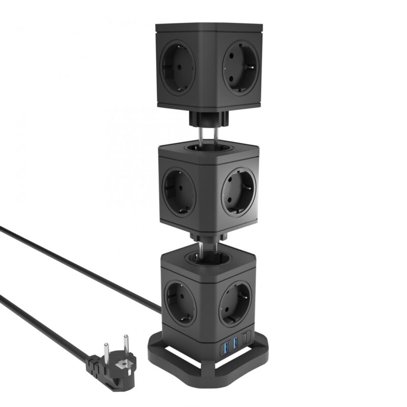 Allteq – Stekkertoren – 13-voudig – 2x USB A – 1x USB C – Schakelaar – 2 meter aansluitsnoer – Zwart