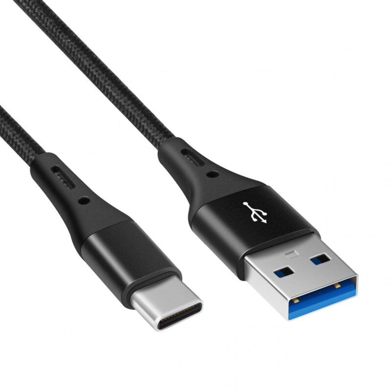 USB C laadkabel – 3.0 – USB C naar USB A kabel – Nylon gevlochten mantel – Zwart – 1 meter